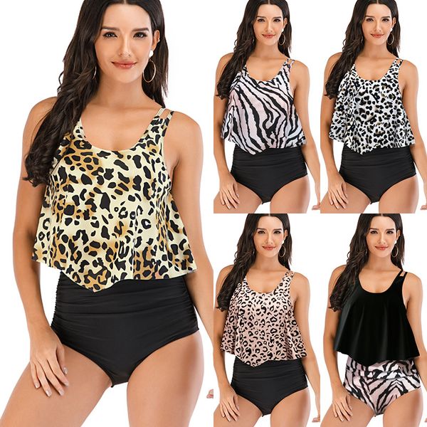 

factory supply 2020 european and american new large size swimwear lotus edge swimwear women's leopard printing bikini, White;black