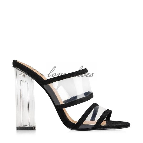 

new ladies fashion vinylite double strap lined with suede clear block heels slippers girls transparent perspex square heel mule, Black