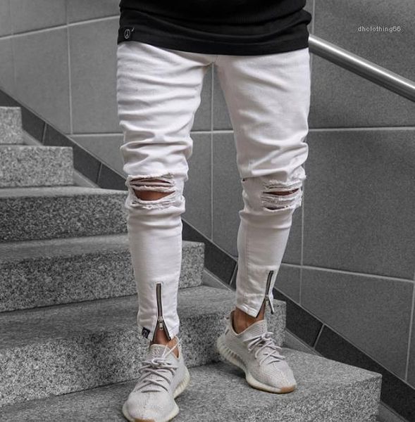 

jeans fashion summer zipper casual pencil pants skinny mid waist jeans male apparel mens white ripped, Blue