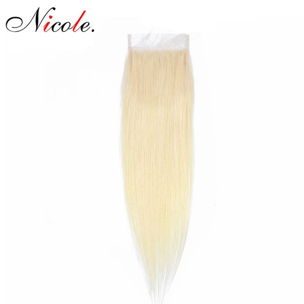 

nicole brazilian straight human hair 4*4 lace closure with swiss lace 613 blonde color middle/three part non remy hair weaving, Black