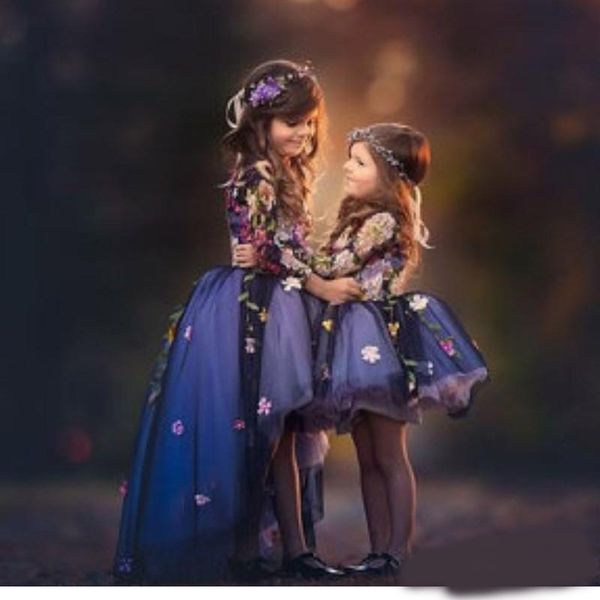 

high-low flower girls dress jewel neck key-hole long sleeve 3d floral apliques toddler pageant dresses lovely fluffy communion dress, White;red