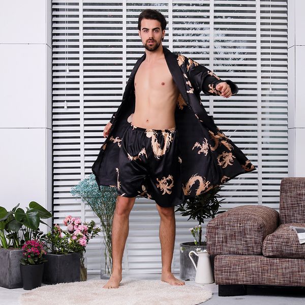 

black two-piece robe suit male silk dragon dressing gown extra large 5xl robe with dragons mens satin bathrobe silk kimono men, Black;brown