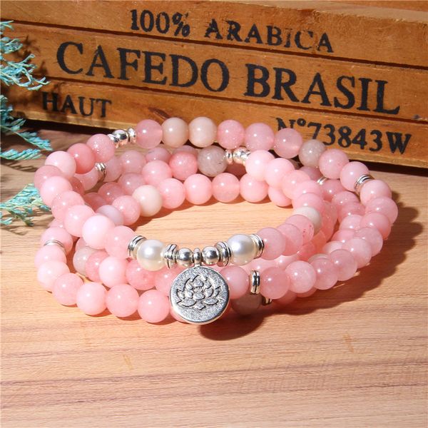 

natural semiprecious chalcedony bracelets polished 108 beads mala multi-layer energy bracelet buddha silver lotus charm bangle, Black