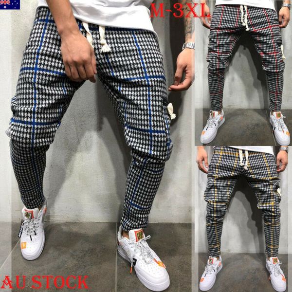 

au gym mens trousers plaid tracksuit bottoms skinny joggers sweat track pants, Black;blue