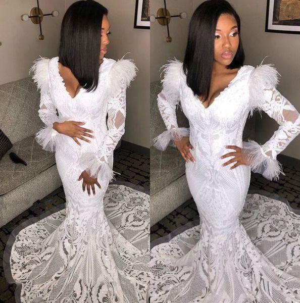 

white mermaid prom dresses long feathers v neck long sleeves abito lace ruffles mermaid special occasion dresses formal pageant wear, Black