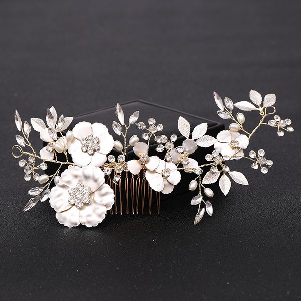 

gold flower pearl rhinestone wedding hair combs hair accessories for bridal headpiece back decorative combs women jewelry, Golden;white