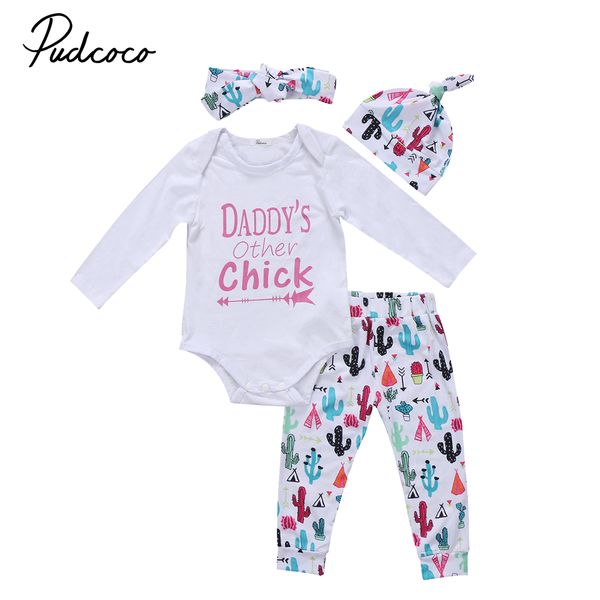 

4pcs Toddler Baby Girl DADDYS Clothes Newborn Jumpsuit Romper Bodysuit+cactus Pants+hat+headband Outfit Set