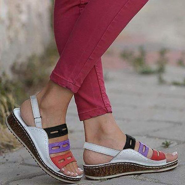 

women fashion shoes summer platform strap roman wedges sandals 2020 lady buckle mix color casual peep toe shoes#, Black