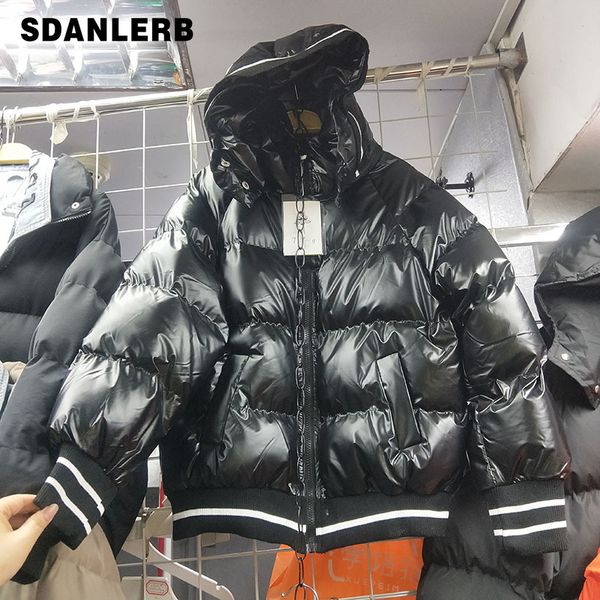 

2019 winter parka cotton-padded woman new korean loose short glossy thick hooded down padded bread coat jacket students, Black