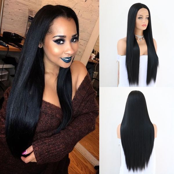

explosion ladies wigs european and american chemical fiber front lace synthetic wigs black long straight hair wig