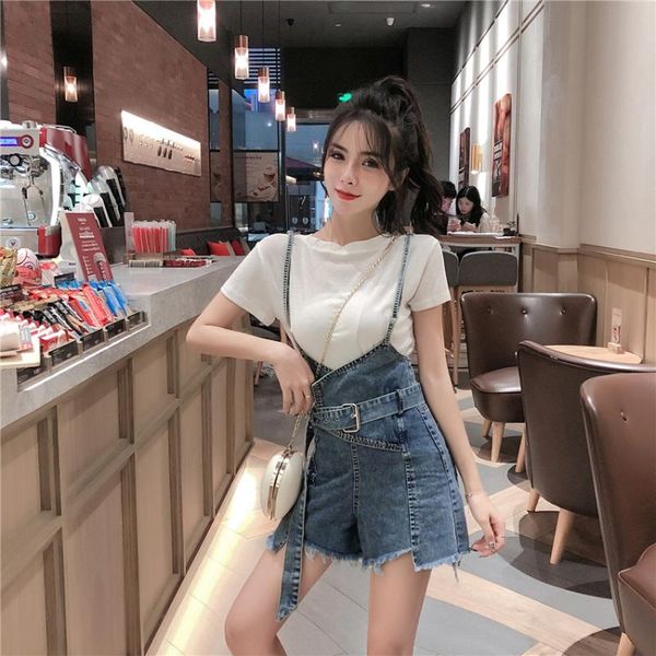 

cotton all-match short-sleeved t-shirt + korean-style hipster strap denim jumpsuit 2020 summer new fashion suit, White