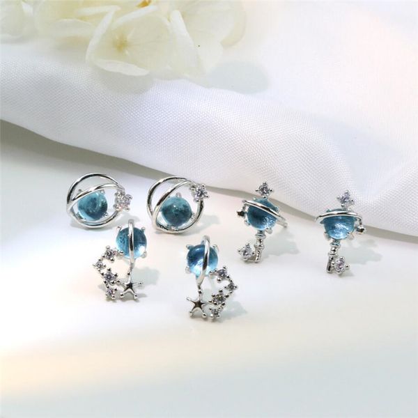 

sole memory blue crystal planet universe dream sweet cute art 925 sterling silver fashion female stud earrings sea616, Golden;silver