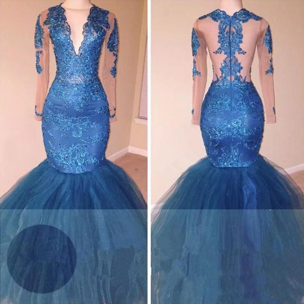 

Vintage Blue Long Sleeve Mermaid Prom Dresses Sheer V Neck Ruched Tulle Long Evening Gowns Vestidos Celebrity Party Dresses