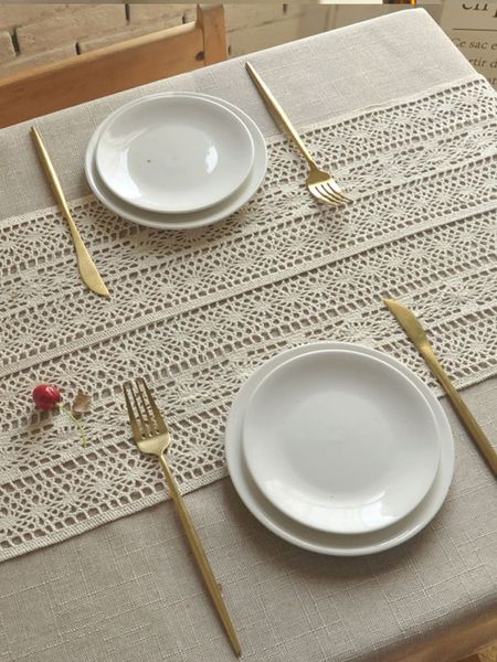 

retro american-style table runner stripe handmade crochet lace pastoral style woven crochet hollow artsy fringe coffee table drawer cabinet