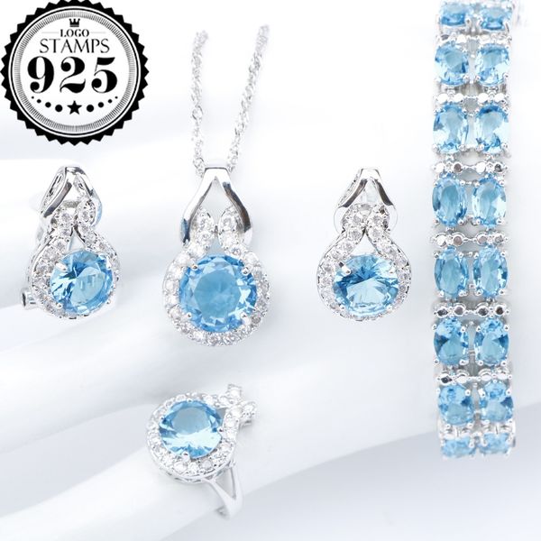 

new silver 925 wedding jewelry sets blue zircon pendant necklace bracelets clips earrings rings for women set jewellery gift box, Slivery;golden