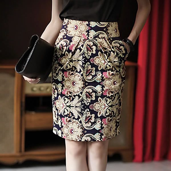 

2015 korea stylish floral vintage retro women elegant skirt, Black