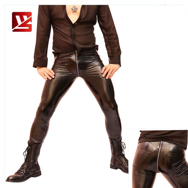 

meise mens high elastic tight faux leather pants low rise pencil pants shiny bar stage costume homme zipper long pant nk12, Black