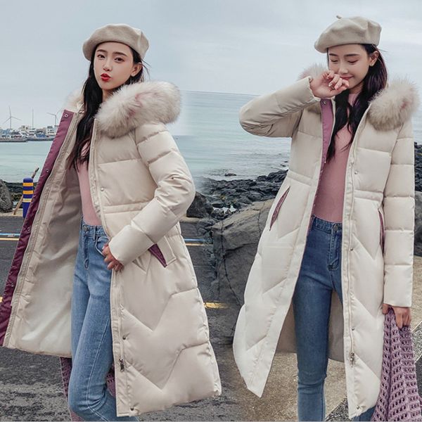 

extra long 2019 new fashion slim women winter jacket cotton padded warm thicken coat down parkas hooded fur collar overcoat, Black