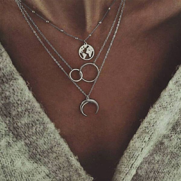 

europe and america fashion multilayer moon map necklace women's cool bohemian style multistory necklace women's, Silver