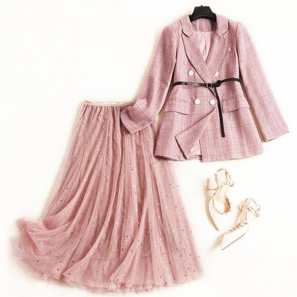 

autumn 2019 new european and american women's wear long sleeve double breasted pink plaid coat sequined mesh skirt fashion suits, White
