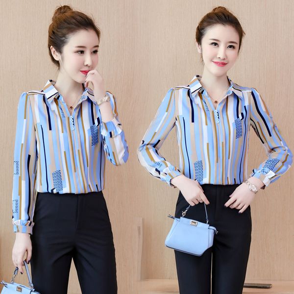 

quality designer striped shirts women casual long sleeve lapel neck printed runway ladies shirt blouses elegant plus size office shirts, White