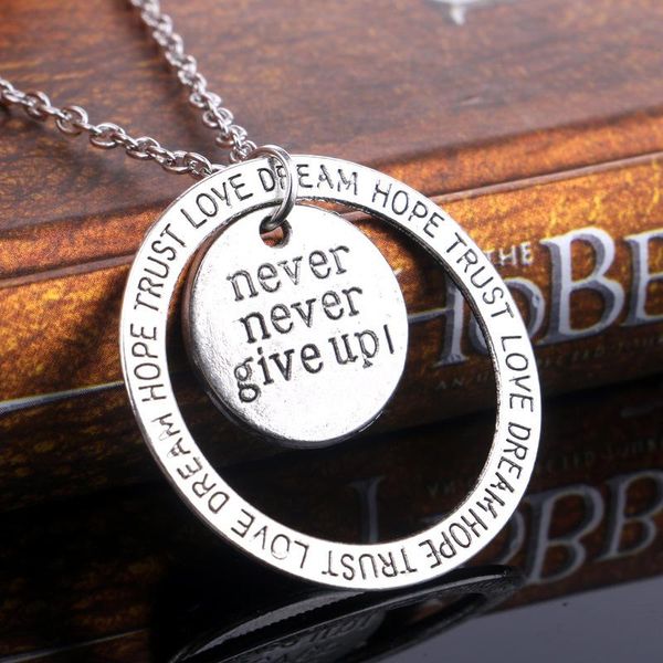 

never nerver give up necklace antique silver ring dream hope trust love pendant necklace for women inspire jewelry 161964