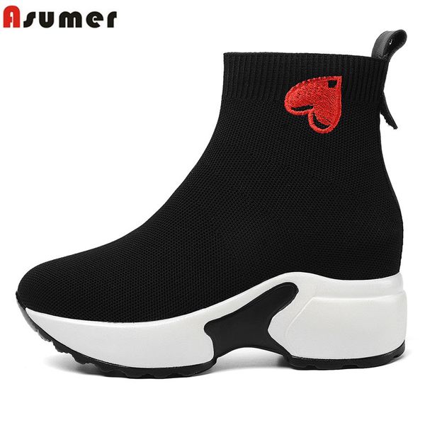 

asumer 2020 new autumn winter boots women platform ladies knitted elastic boots thick sole elevator shoes stretch ankle, Black
