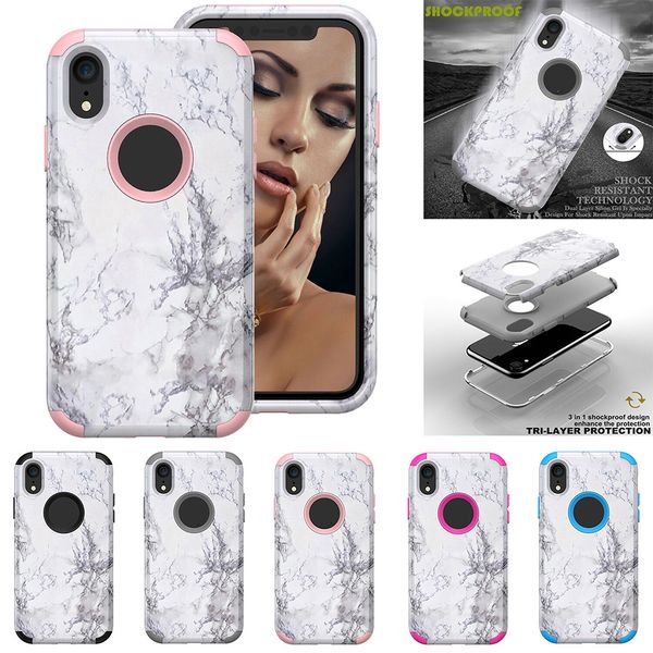 

3 in 1 marble hybrid heavy duty shockproof full body case for iphone xs max xr 7 8 plus defender robot case with opp bag