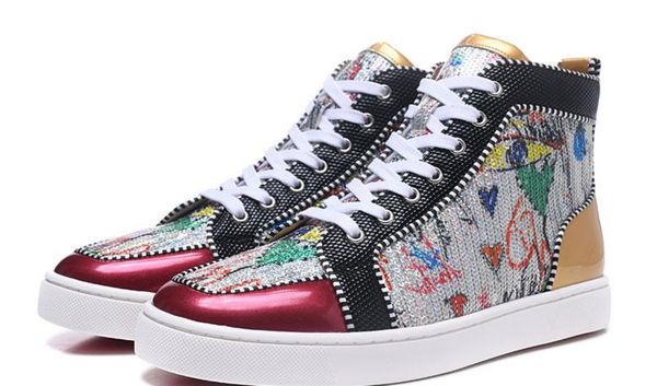 

big size us12.5 eur47 red bottom fashion designer shoes high cut spike sedue calf sneaker luxury party wedding shoes genuine casual shoes, Black