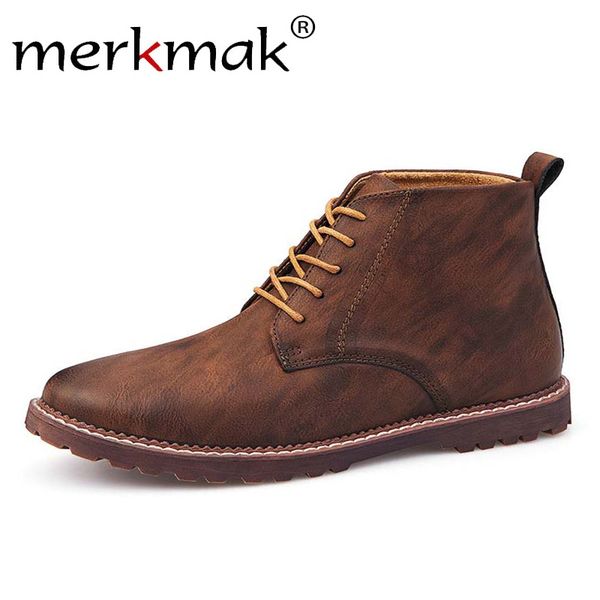

merkmak vintage genuine leather men shoes winter autumn footwear lace up casual shoes men flat pu ankle boots, Black