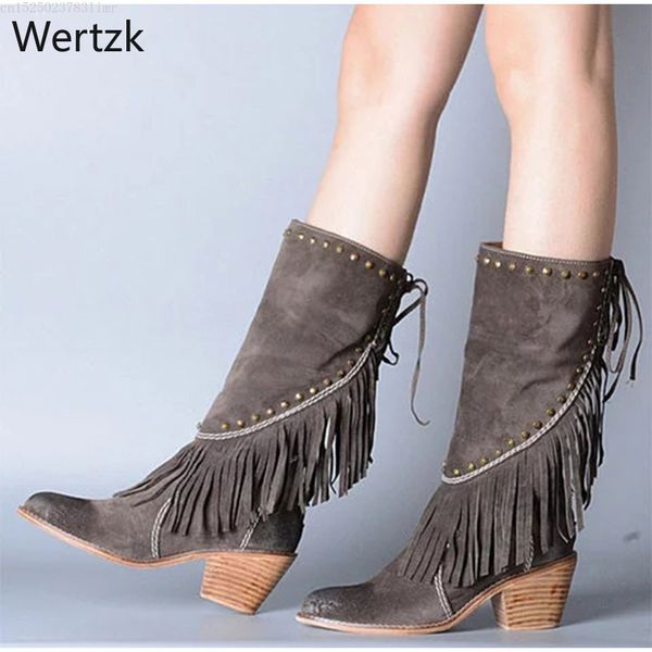 

new woman shoes mid calf boots vintage tassel rivet women's zipper pu leather high heels female fashion platform footwear a974, Black