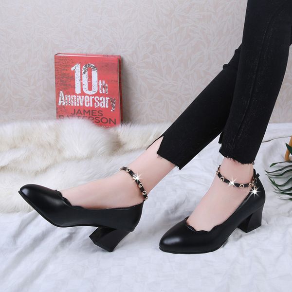 

rimocy solid black leather 5.5cm high heel office women shoes 2019 spring new ladies thick heels crystal ankle strap pumps woman