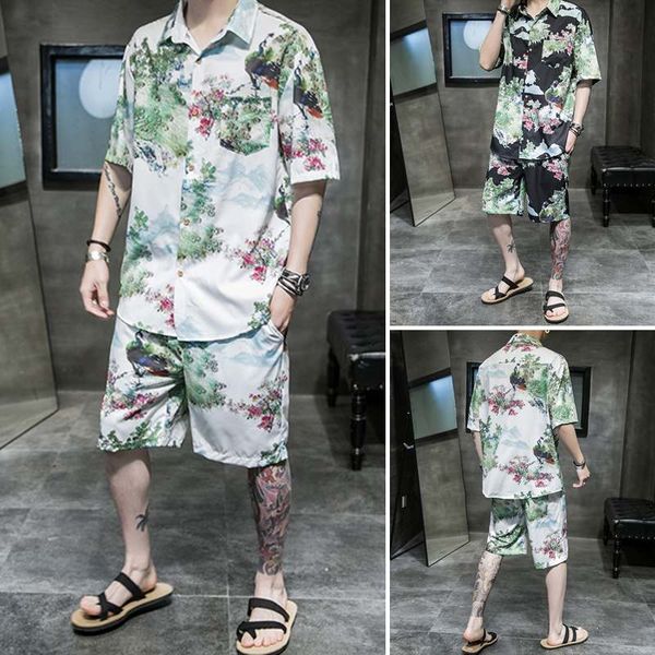 

men summer holiday sets short sleeve lapel shirts elastic shorts fashion set man vintage printed hawaiian suits 2 pieces incerun, Gray