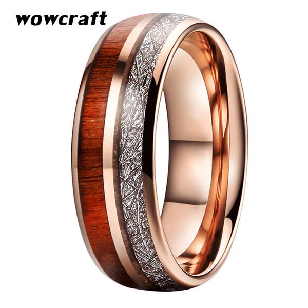 

rose gold 8mm wedding bands tungsten carbide rings for men women domed koa wood meteorite inlay polished shiny comfort fit, Golden;silver