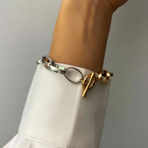 

charm bracelets of-lilu unique mix chunky chain bracelet bangle for women men armband steampunk lariat twisted circle couple jewelry, Golden;silver