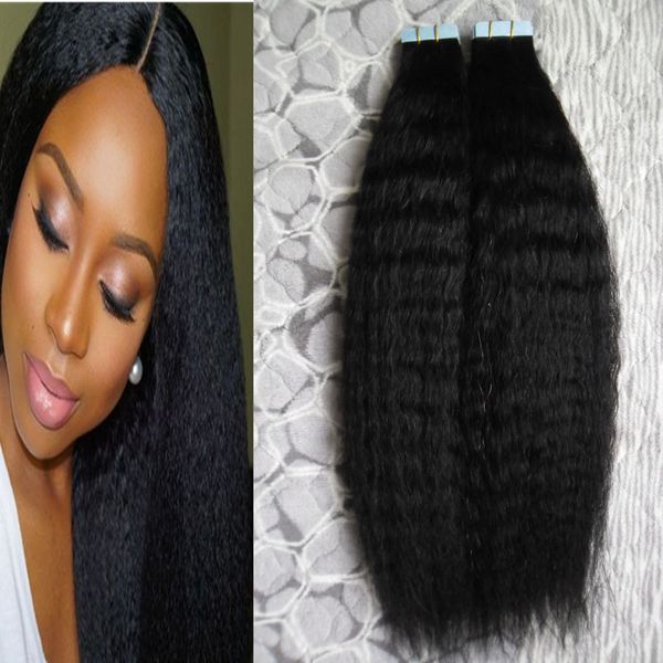 

kinky straight tape in human hair extensions 40 pcs yaki human hair extension coarse yaki tape adhesive skin weft pu tape on hair extensions, Black