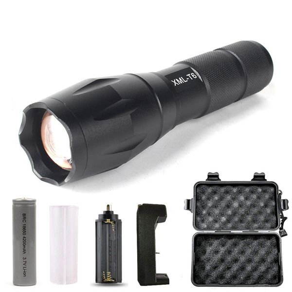

led flashlight t6 / l2 / q5 scalable flashlight 5 kinds of lighting mode tactical flashlight, with 18650 battery + charger + box