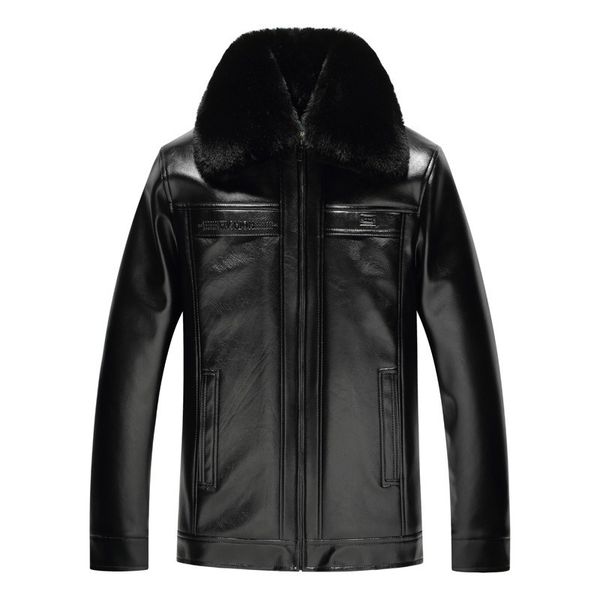 

autumn and winter new men's pu leather jacket lapel and velvet padded leather jacket men's fashion casual, Black