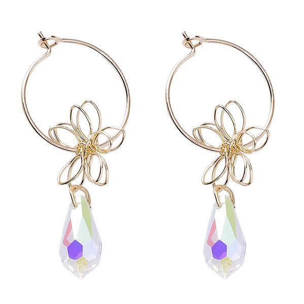 

women simulated pearl flower long tassel hook retro chandelier crystal circle earring gift crystal hoop earrings, Golden
