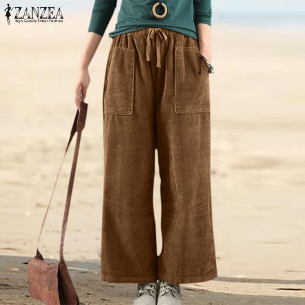 

zanzea урожай вельветовые штаны женщины упругие талии твердые широкие брюки ноги сыпучие drawstring брюки женщины гарема pantalon плюс разме, Black;white