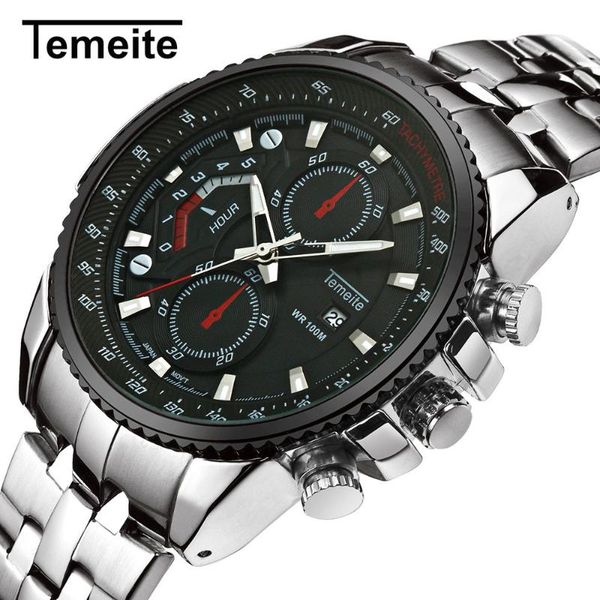 

temeite 2019 men watch three eyes full steel calendar waterproof sport quartz wristwatches male business clock, Slivery;brown