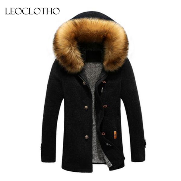 

leoclotho parka мужчины мужские меховые куртки меховой воротник пальто теплое пальто, Black