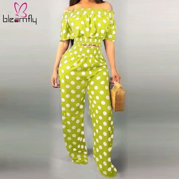 

women strapless polka dot two piece set slash neck short sleeve crop wide leg pants sets summer streetwear outfit tracksuit, White