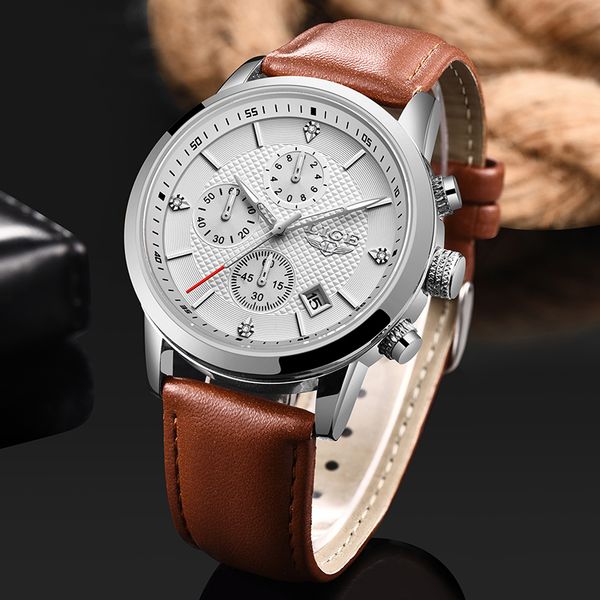 

lige men watches leather quartz clock fashion chronograph wristwatch male sport watch relogio masculino, Slivery;brown