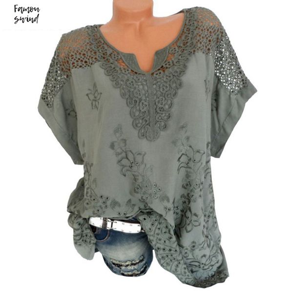 

летняя блузка lace выдалбливают женщины вязание с коротким рукавом повседневные рубашки сыпучие топ женский белый блуза 5xl, White