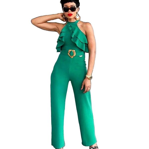 

2019 backless halter elegant jumpsuit women off shoulder ruffles loose romper high waisted night club party overalls femme, Black;white