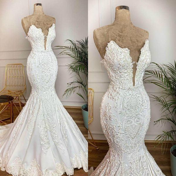 

vestidos de novia mermaid wedding dress sweetheart full lace beads wedding gowns appluques custom made bridal dress, White