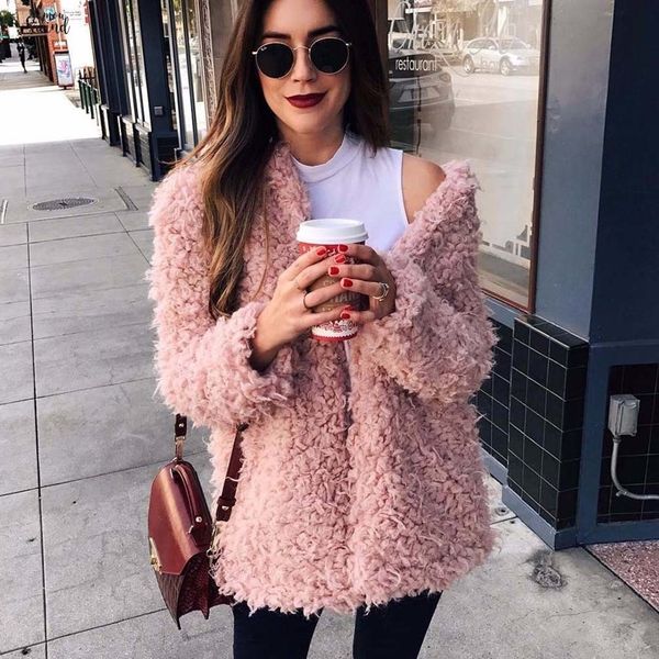 

winter grey wool overcoat warm outerwear women pink faux fur coat turn down collar long sleeve cardigan female outwear, Black
