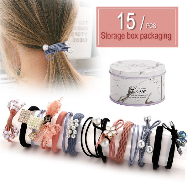 

15pcs/set pink lace pearl elastic hair accessories for women girls bow knot headbands set fashion hairbands with tin box