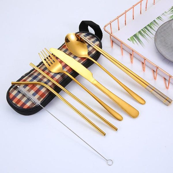 

8pcs/set stainless steel dinnerware set with box pack cutlery spoon fork chopsticks straw for travel outdoor office picnic bbq